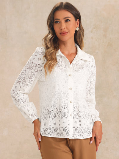 Allegra K Eyelet Sheer Boho Button Down Puff Sleeves Shirts