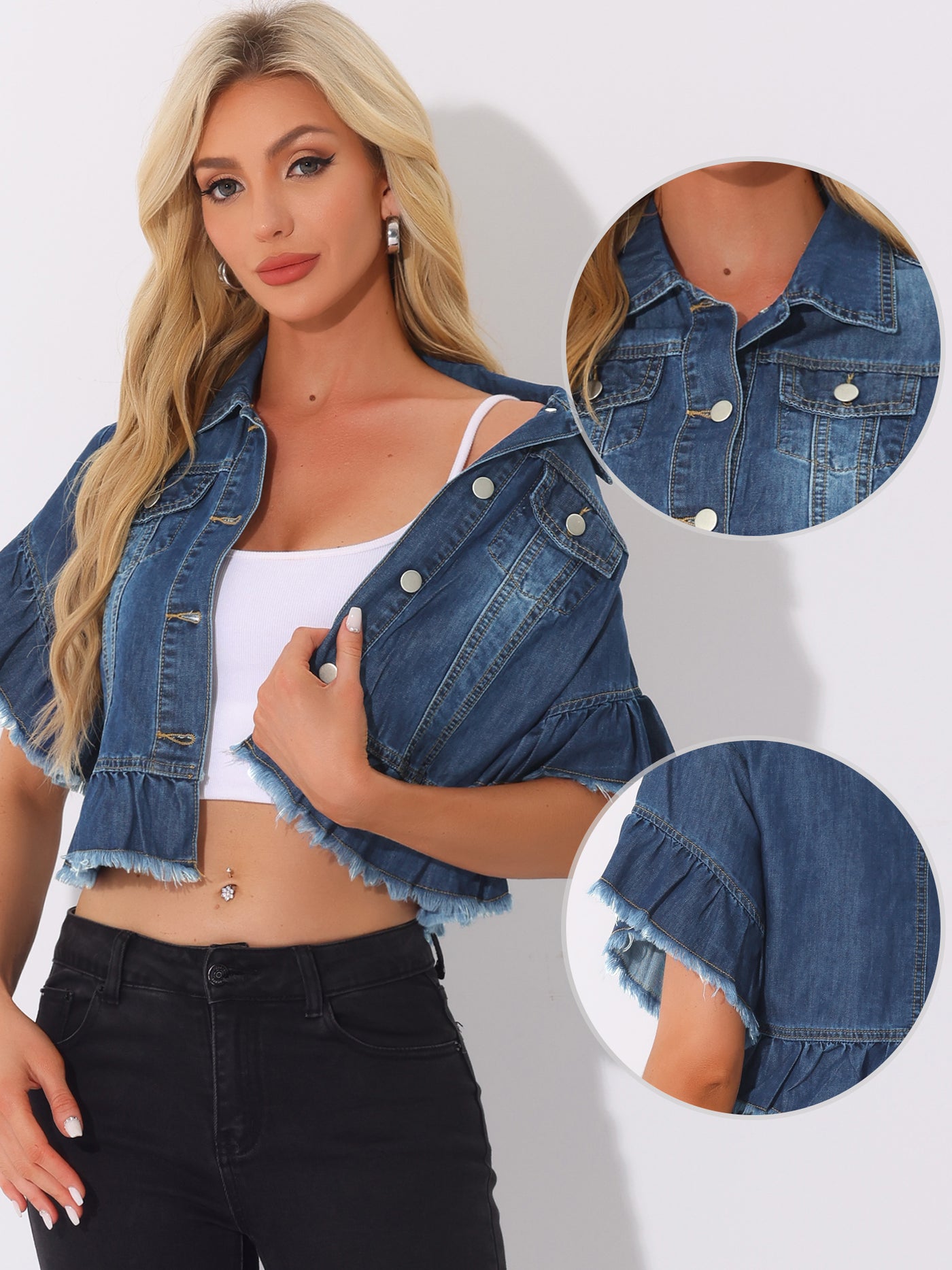 Allegra K Denim Ruffled Short Sleeve Lightweight Peplum Hem Cropped Jean Jacket