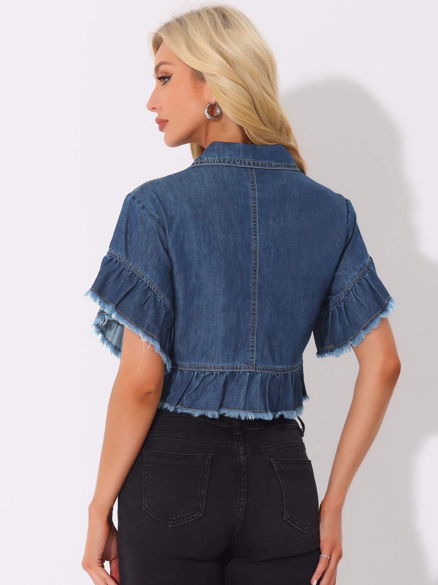 Allegra K Denim Ruffled Short Sleeve Lightweight Peplum Hem Cropped Jean Jacket