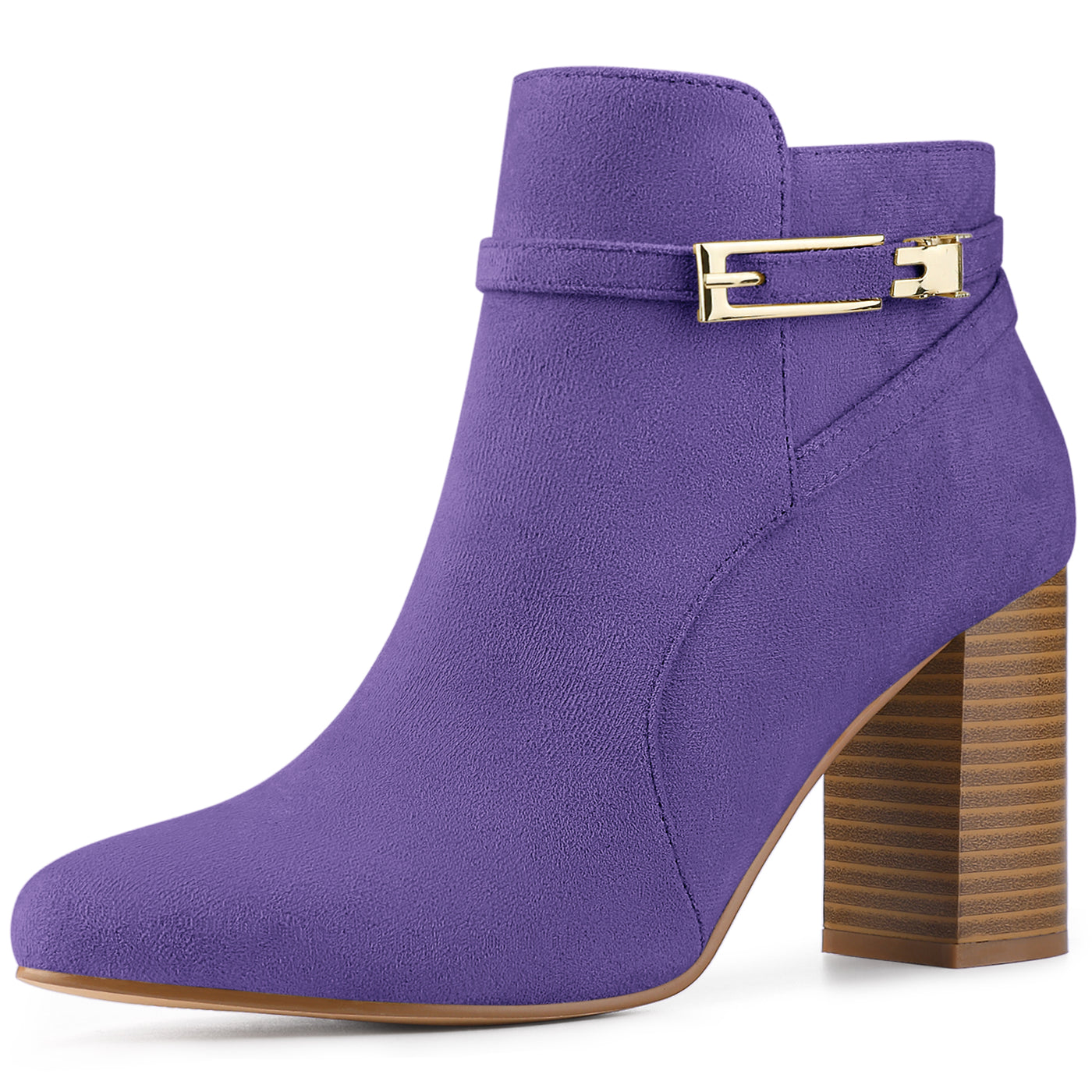 Allegra K Round Toe Buckle Chunky Heel Ankle Boots