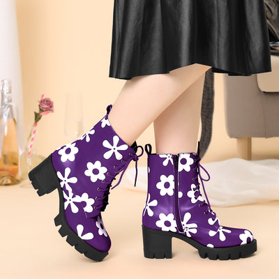 Printed Platform Round Toe Lace Up Chunky Heel Combat Boots