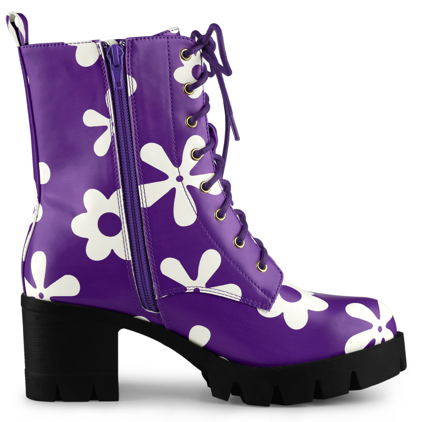 Allegra K Printed Platform Round Toe Lace Up Chunky Heel Combat Boots