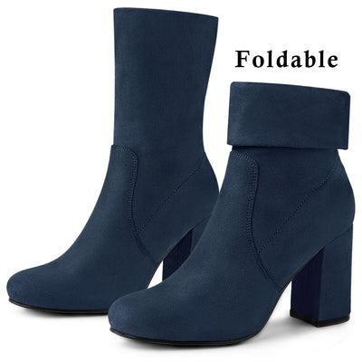 Rounded Toe Block Heel Foldable Ankle Boots