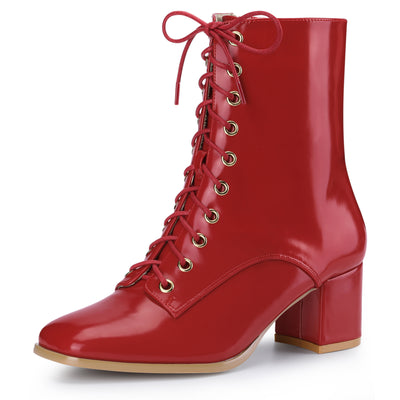 Square Toe Lace Up Chunky Heel Ankle Zipper Combat Boots