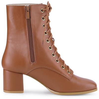 Square Toe Lace Up Chunky Heel Ankle Zipper Combat Boots