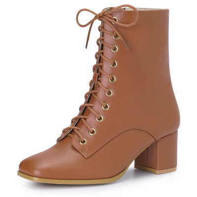 Square Toe Lace Up Chunky Heel Ankle Zipper Combat Boots