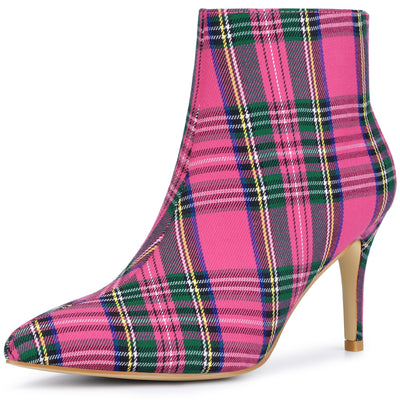 Plaid Pointed Toe Side Zip Stiletto Heel Ankle Boots