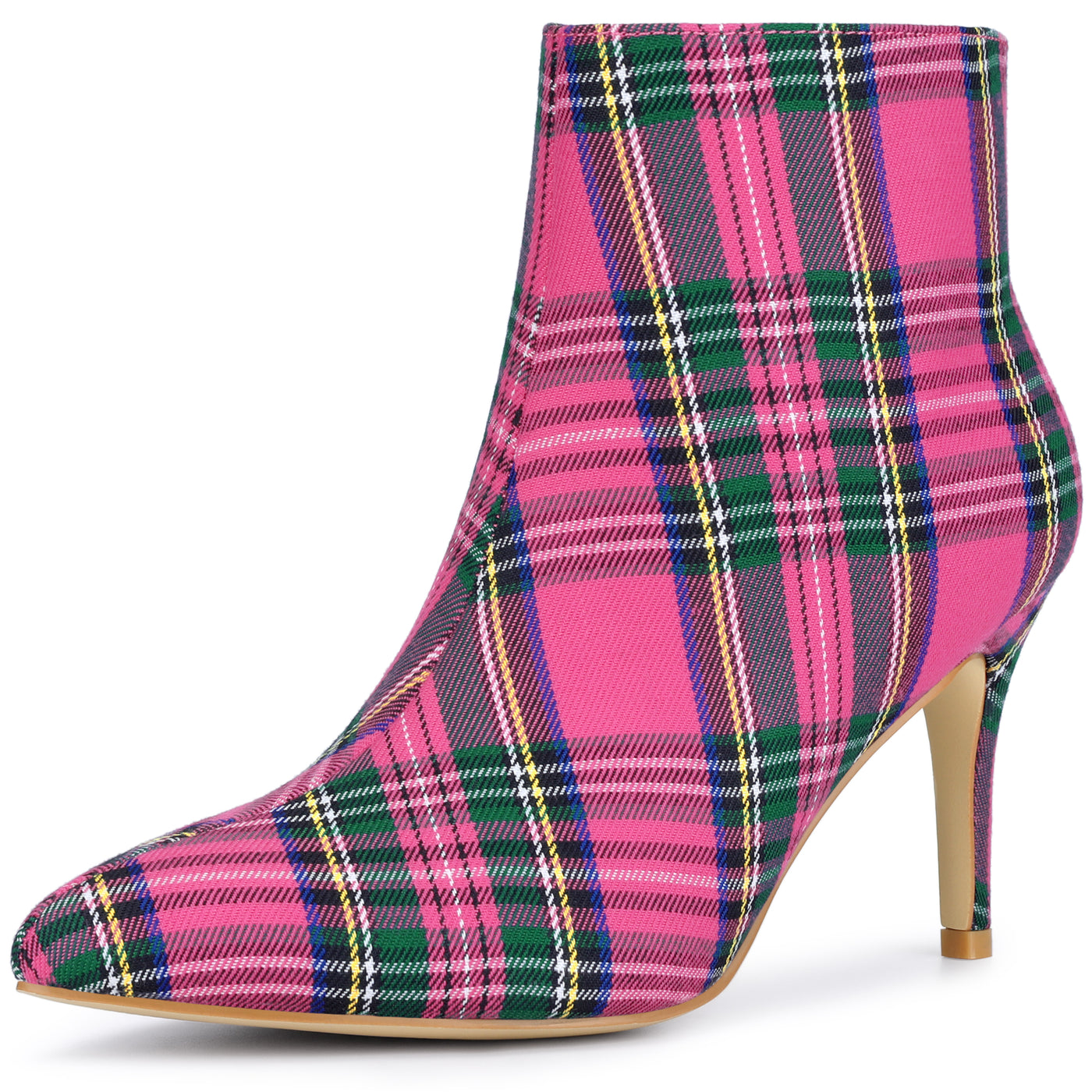 Allegra K Plaid Pointed Toe Side Zip Stiletto Heel Ankle Boots