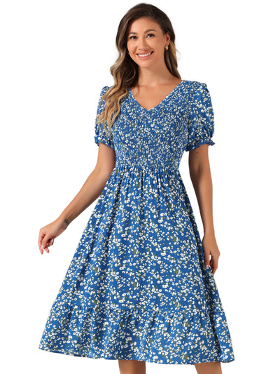 Floral Shirred Puff Short Sleeves V Neck Ruffled Hem Midi Dress