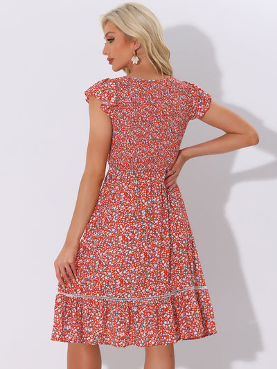 Midi Smocked Cap Short Sleeve Floral Fit and Flare Dress