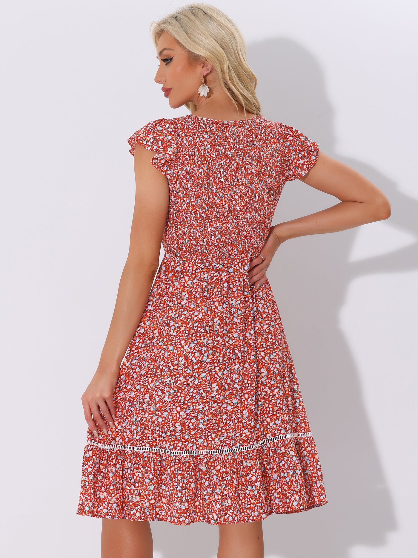 Allegra K Midi Smocked Cap Short Sleeve Floral Fit and Flare Dress