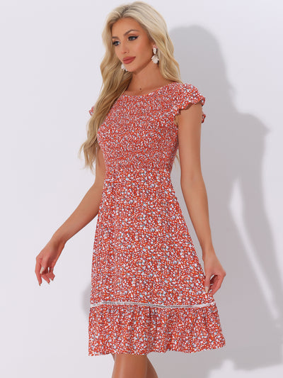 Midi Smocked Cap Short Sleeve Floral Fit and Flare Dress