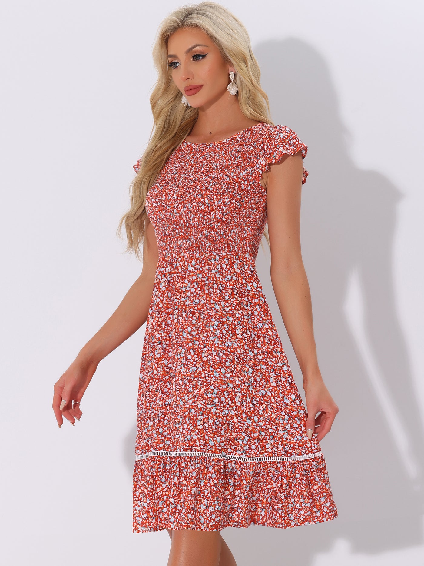 Allegra K Midi Smocked Cap Short Sleeve Floral Fit and Flare Dress