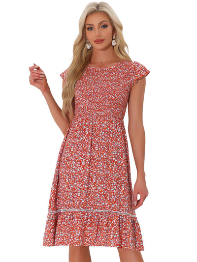 Midi Smocked Cap Short Sleeve Floral Fit and Flare Dress