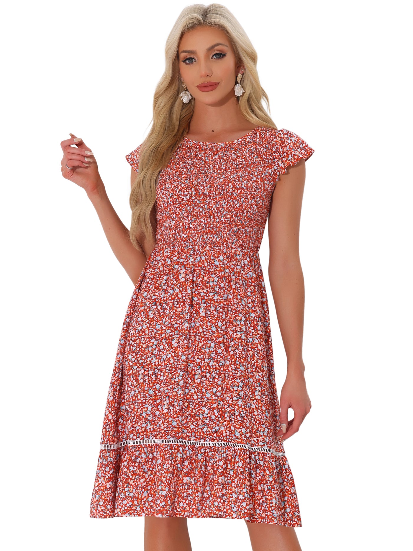 Allegra K Midi Smocked Cap Short Sleeve Floral Fit and Flare Dress