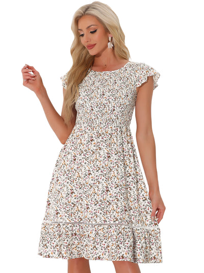 Midi Smocked Cap Short Sleeve Floral Fit and Flare Dress