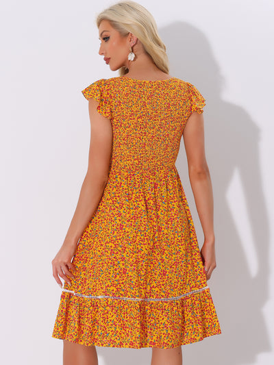 Midi Smocked Cap Short Sleeve Floral Fit and Flare Dress