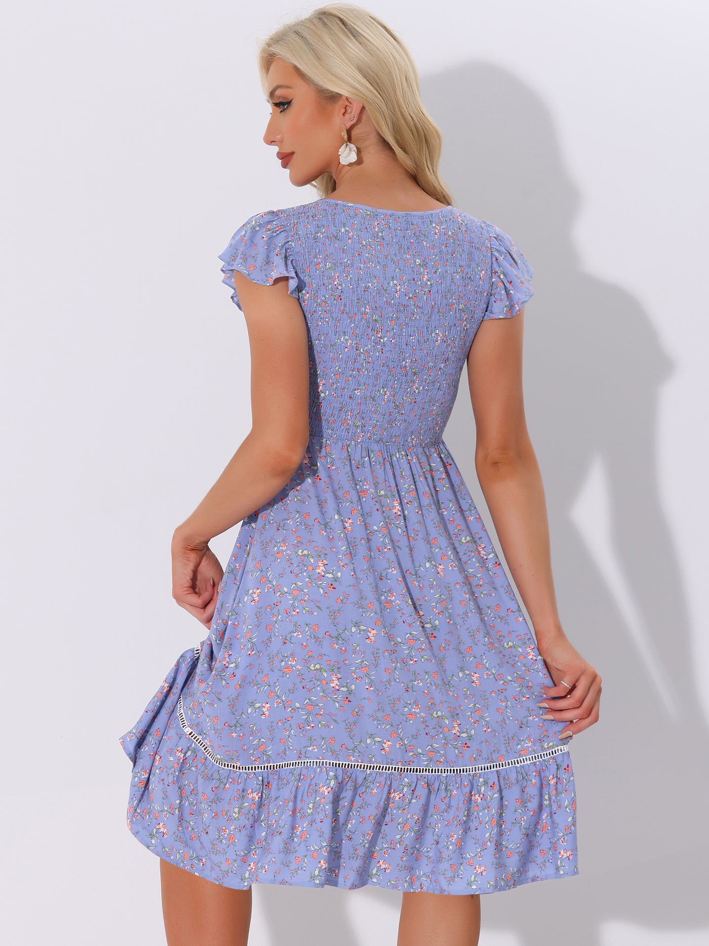 Allegra K Midi Smocked Cap Short Sleeve Floral Fit and Flare Dress