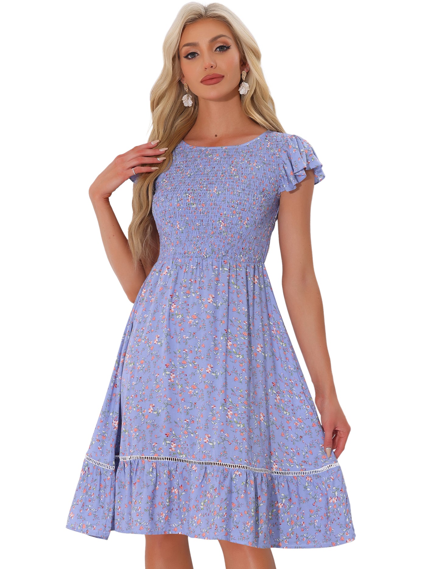 Allegra K Midi Smocked Cap Short Sleeve Floral Fit and Flare Dress