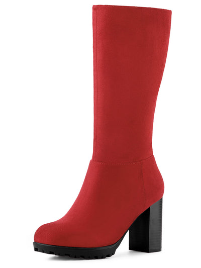 Faux Suede Mid Calf Block Heel Side Zipper Mid-Calf Boots