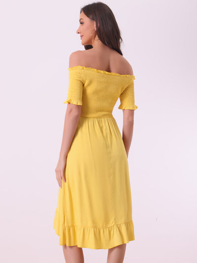 Summer Shirred Off Shoulder Ruffle Split Hem Midi Dress