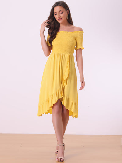 Summer Shirred Off Shoulder Ruffle Split Hem Midi Dress