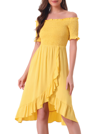 Summer Shirred Off Shoulder Ruffle Split Hem Midi Dress