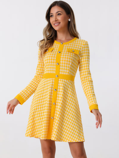 Houndstooth Plaid Contrast Color Crew Neck Button A-Line Dress