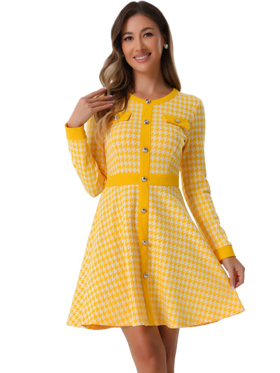 Houndstooth Plaid Contrast Color Crew Neck Button A-Line Dress