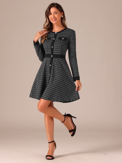 Houndstooth Plaid Contrast Color Crew Neck Button A-Line Dress