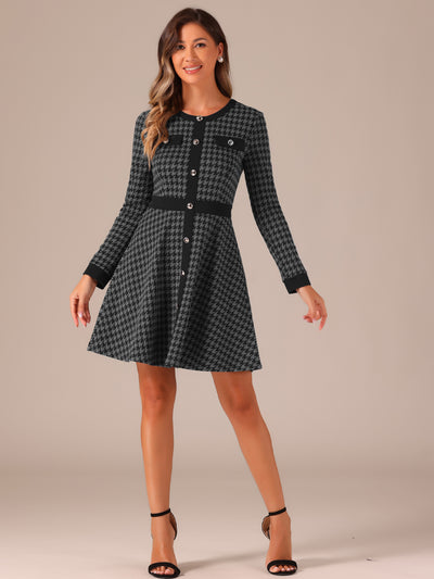 Houndstooth Plaid Contrast Color Crew Neck Button A-Line Dress