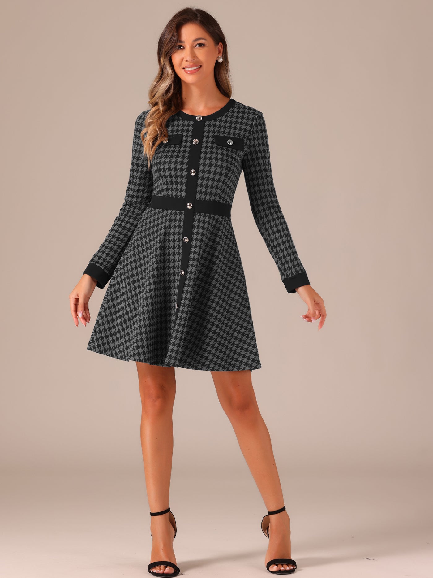 Allegra K Houndstooth Plaid Contrast Color Crew Neck Button A-Line Dress