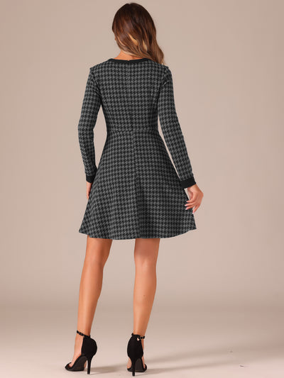 Houndstooth Plaid Contrast Color Crew Neck Button A-Line Dress