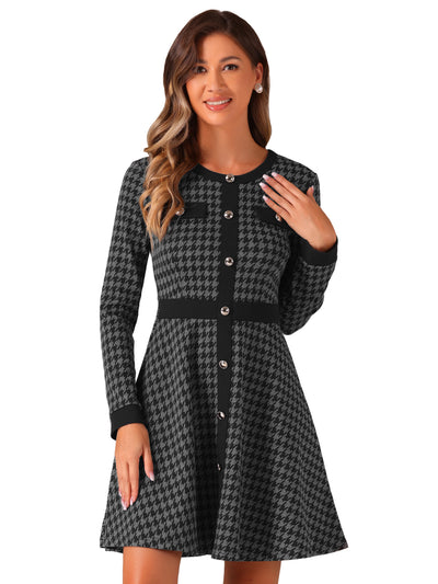 Houndstooth Plaid Contrast Color Crew Neck Button A-Line Dress