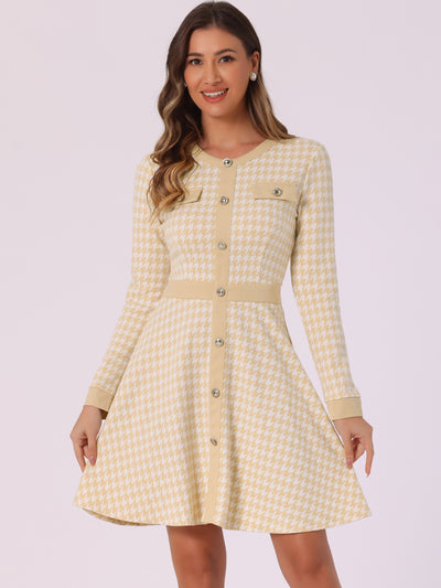 Houndstooth Plaid Contrast Color Crew Neck Button A-Line Dress