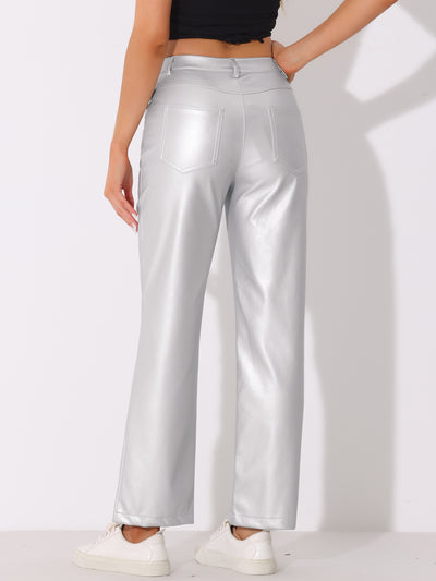 Faux Leather Pants High Waist Straight Leg Casual PU Punk Trousers