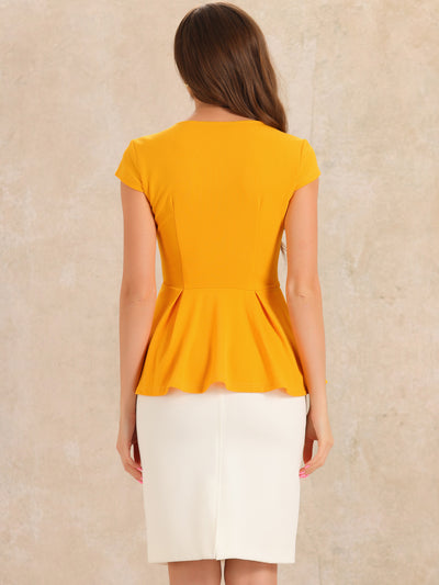 Elegant Round Neck Solid Color Cap Sleeve Peplum Blouse