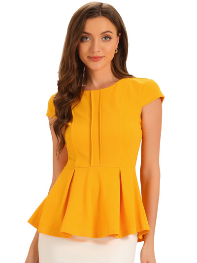 Elegant Round Neck Solid Color Cap Sleeve Peplum Blouse