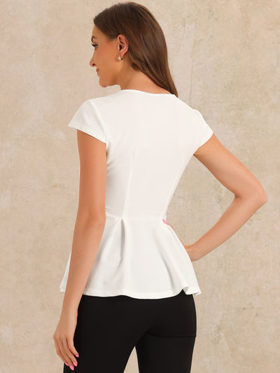 Elegant Round Neck Solid Color Cap Sleeve Peplum Blouse