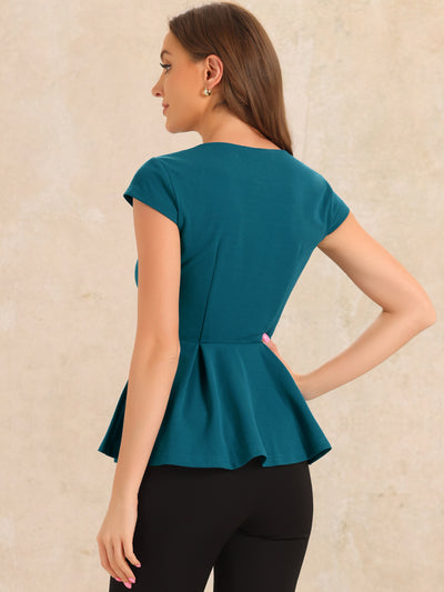 Elegant Round Neck Solid Color Cap Sleeve Peplum Blouse