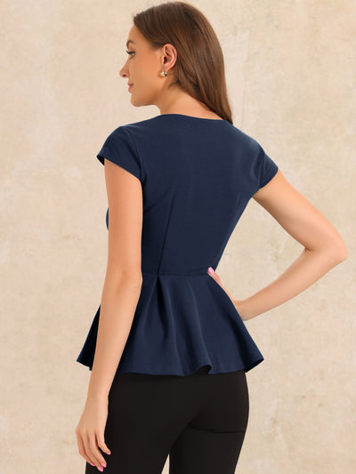 Elegant Round Neck Solid Color Cap Sleeve Peplum Blouse