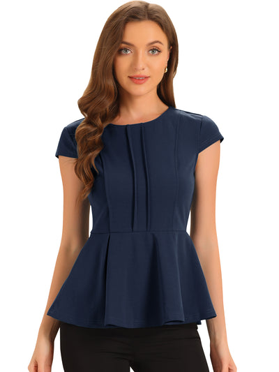 Elegant Round Neck Solid Color Cap Sleeve Peplum Blouse