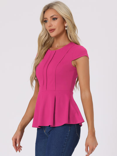 Elegant Round Neck Solid Color Cap Sleeve Peplum Blouse