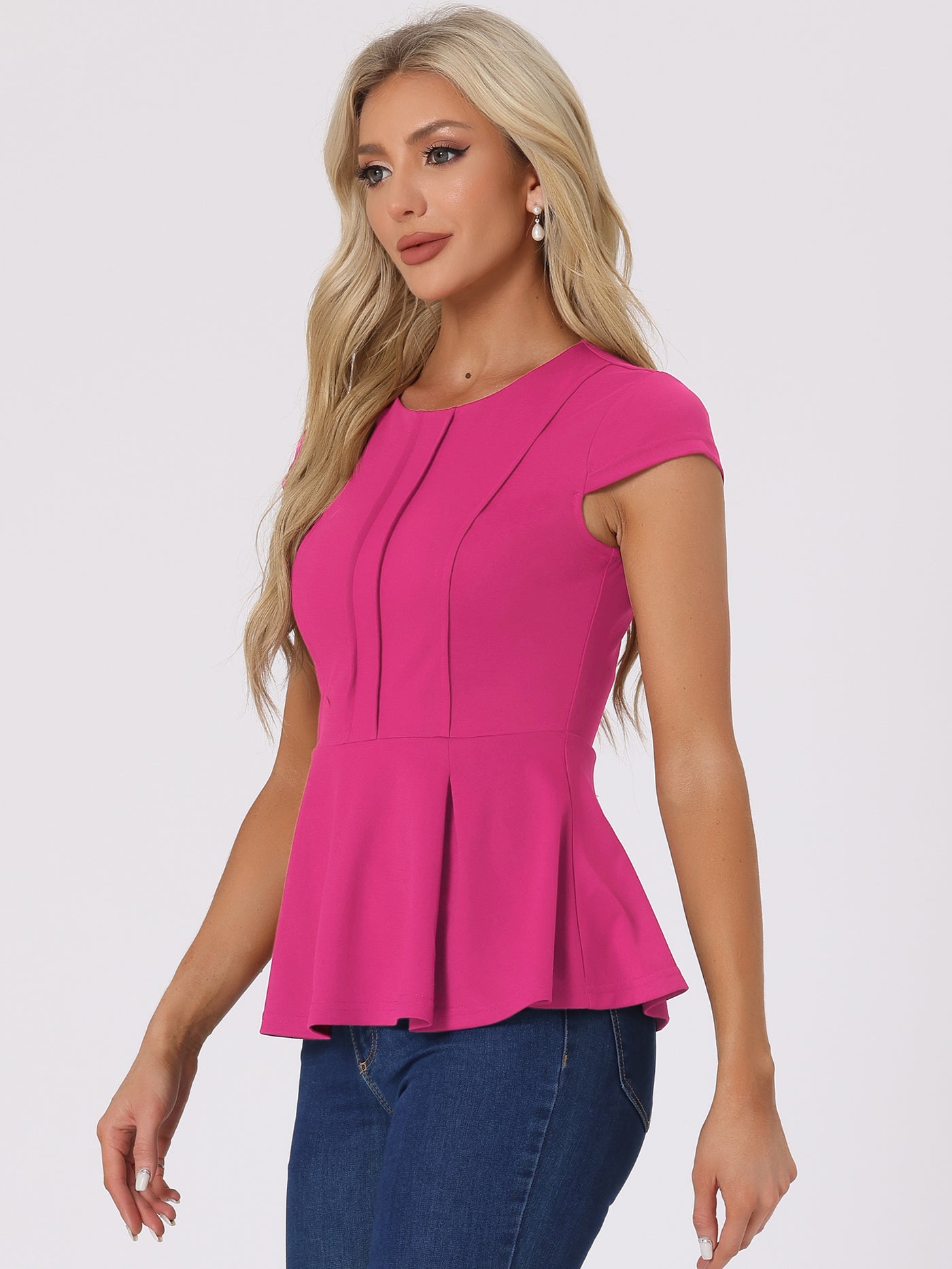 Allegra K Elegant Round Neck Solid Color Cap Sleeve Peplum Blouse