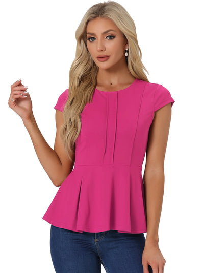 Elegant Round Neck Solid Color Cap Sleeve Peplum Blouse