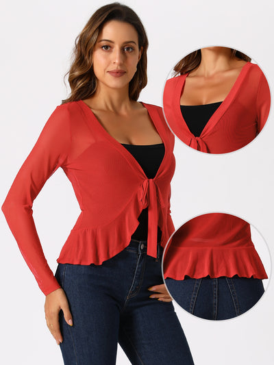 Ruffle Mesh Shrug Long Sleeves Self Tie Bolero Jacket