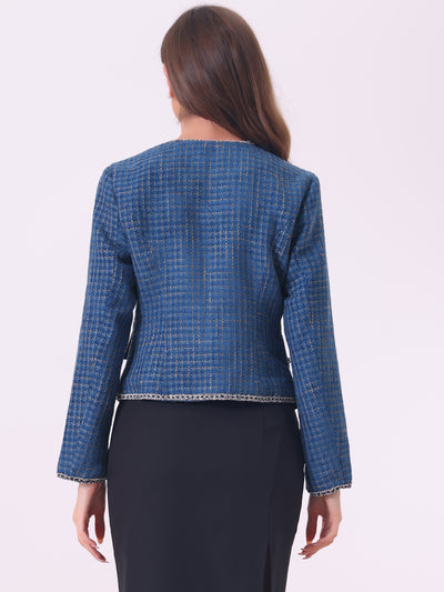 Plaid Tweed Long Sleeve Open Front Work Office Cropped Jacket Blazer