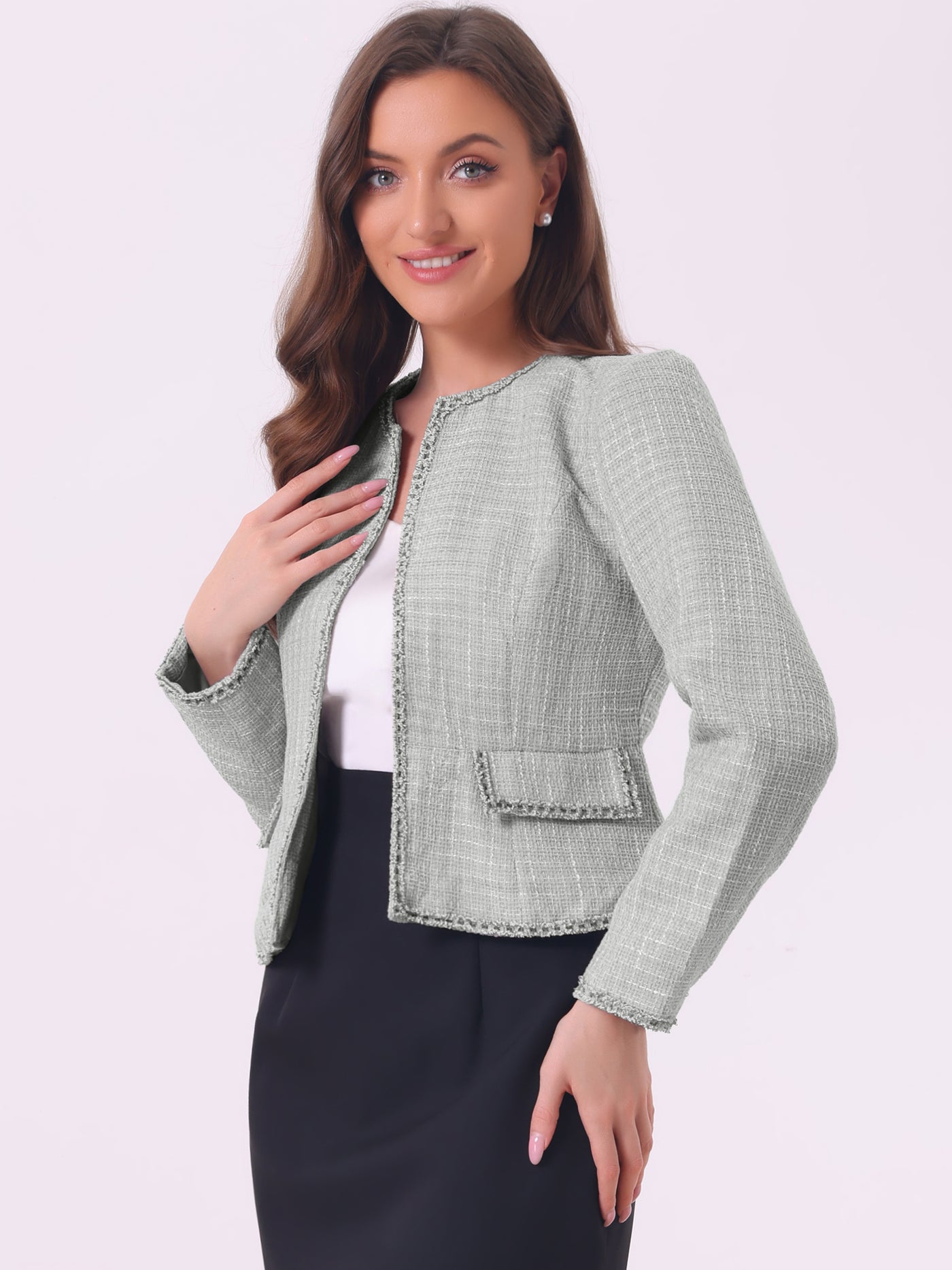 Allegra K Plaid Tweed Long Sleeve Open Front Work Office Cropped Jacket Blazer