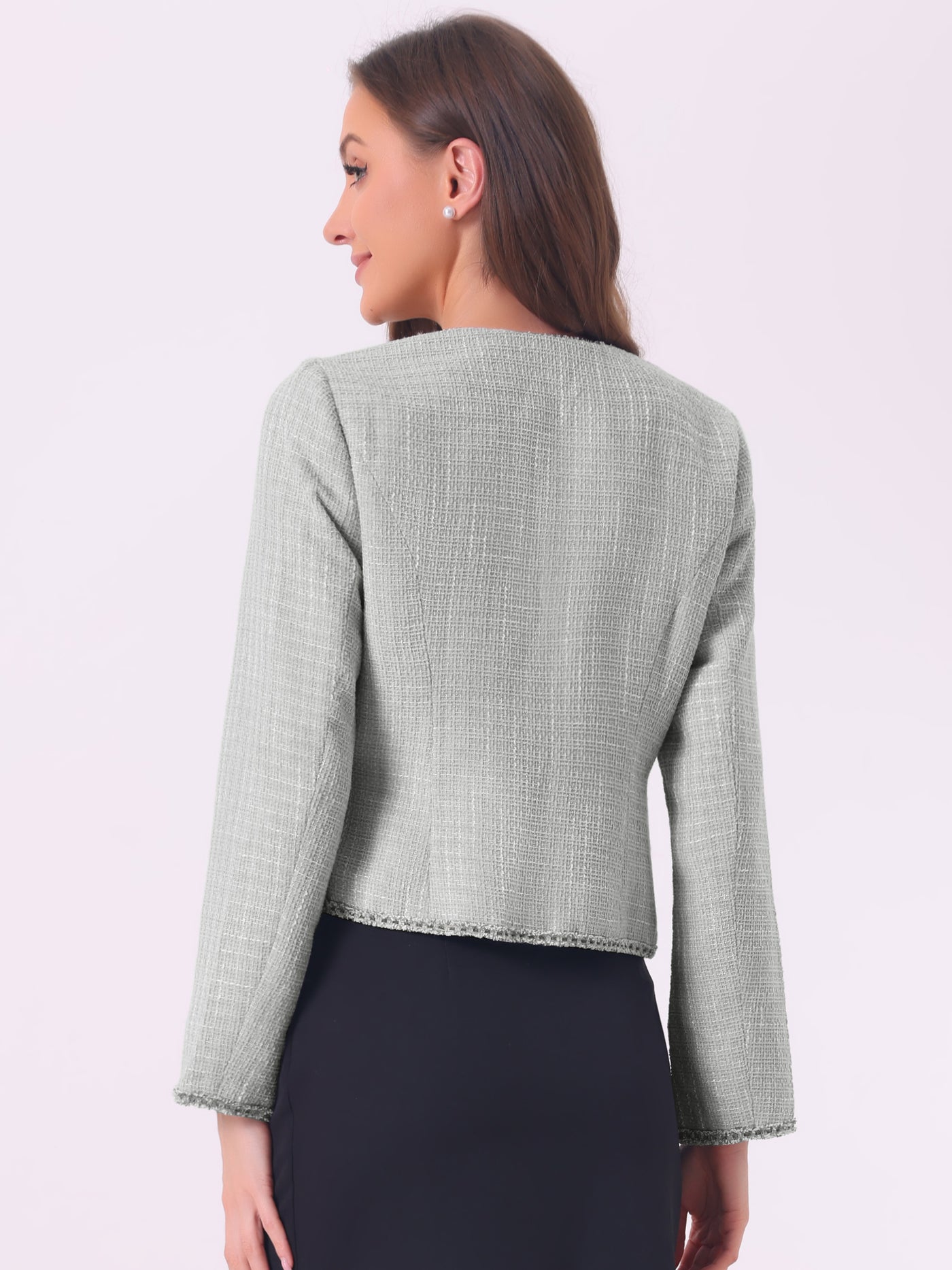 Allegra K Plaid Tweed Long Sleeve Open Front Work Office Cropped Jacket Blazer