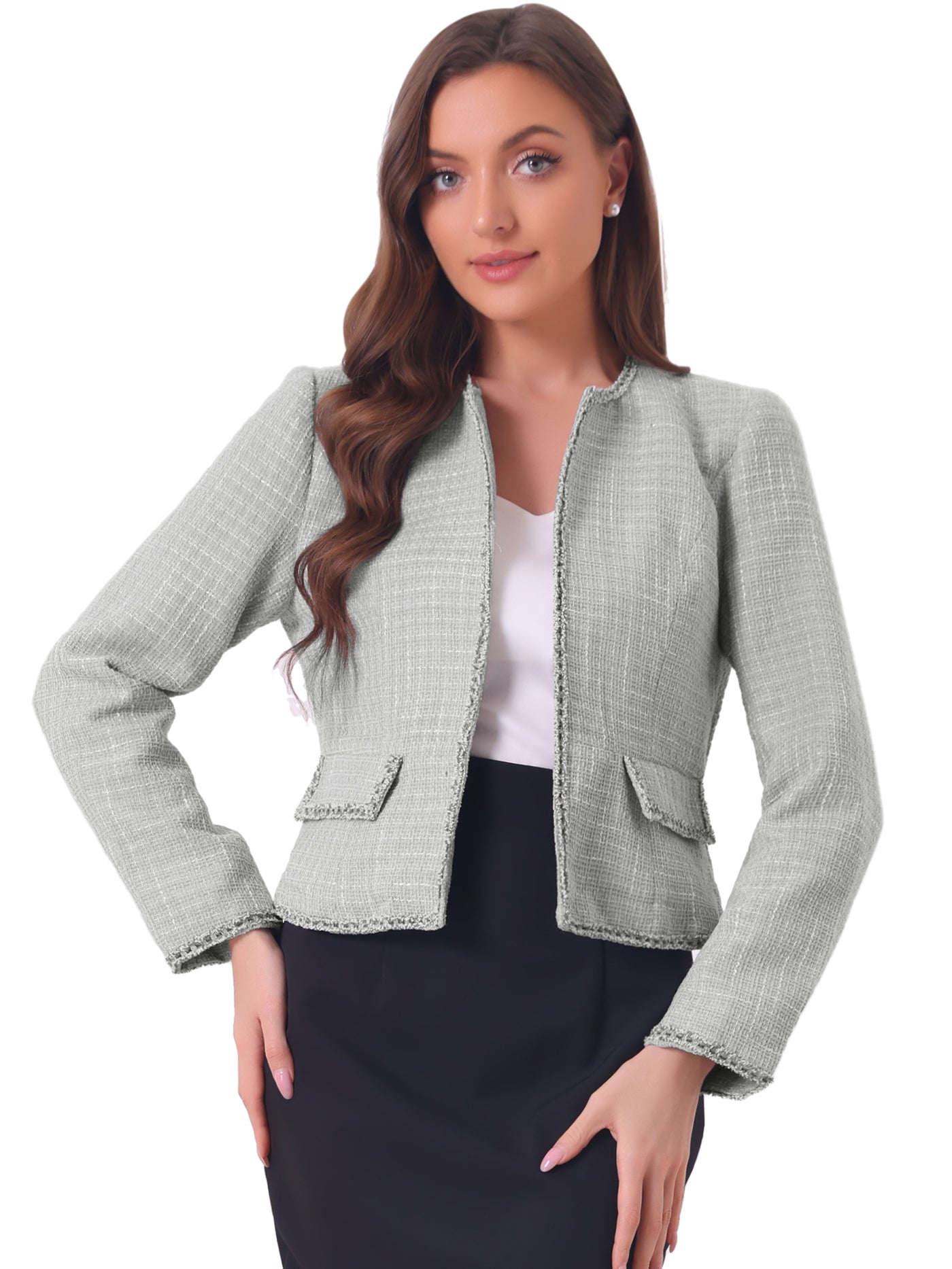 Allegra K Plaid Tweed Long Sleeve Open Front Work Office Cropped Jacket Blazer